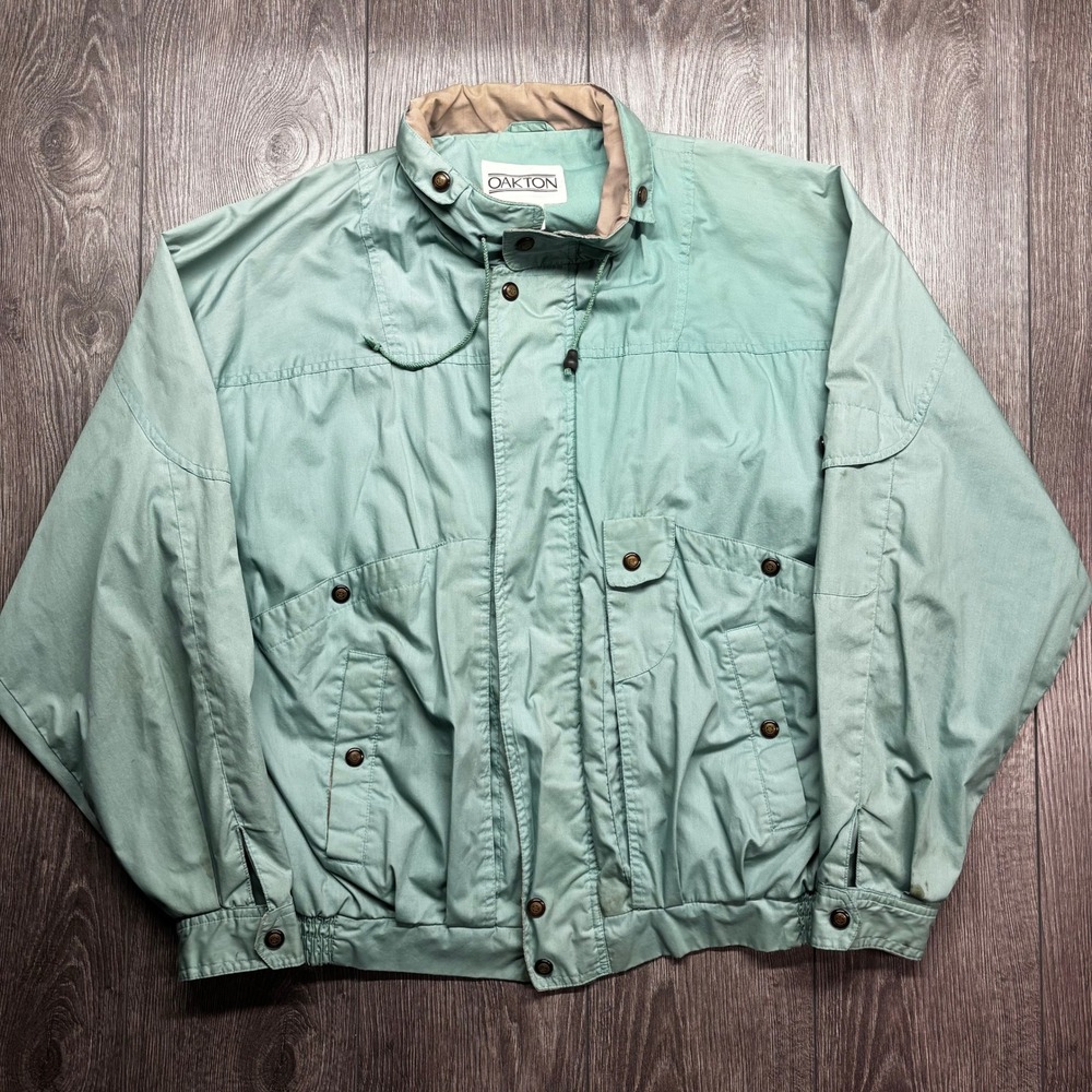 Vintage Oakton Mens Seafoam Green Bomber Jacket Large Tall Zip Utility Pockets